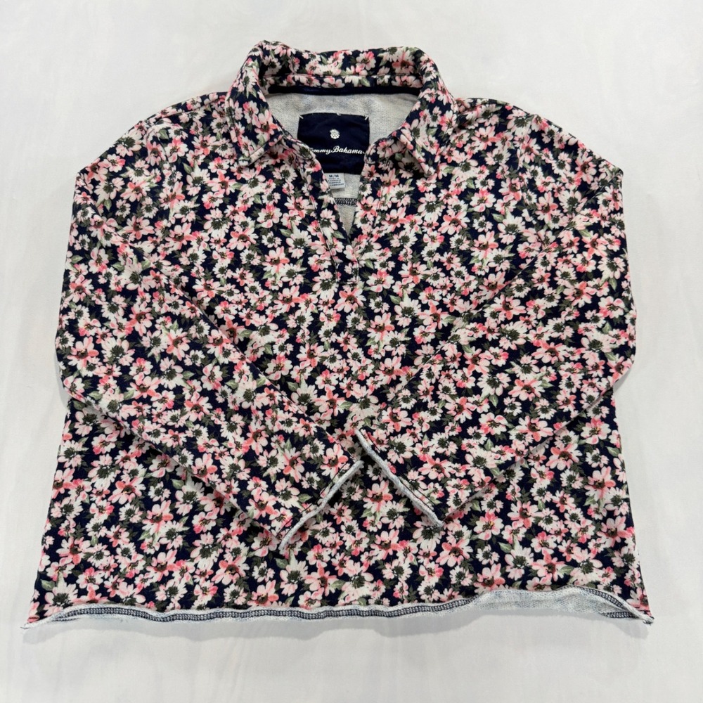 Tommy Bahama Pullover Top Women Medium Pink Floral Long Sleeve Raw Hem Beach